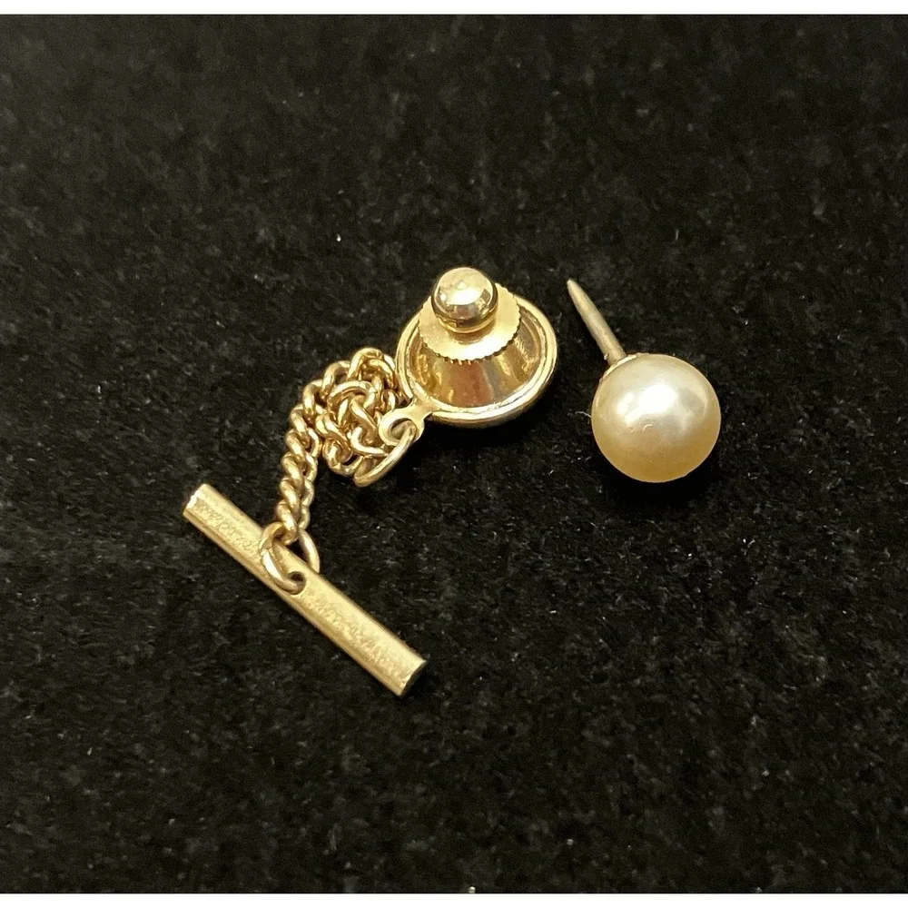 VTG Faux Solitaire Pearl Gold Tone Tie Tack & Chain Men’s Estate Jewelry